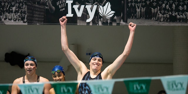 University of Pennsylvania swimmer Leah Thomas reacts after her team wins the 400-yard freestyle relay during the 2022 Ivy League Women's Swimming and Diving Championships at Blodgett Pool on February 19, 2022, in Cambridge, Massachusetts.
