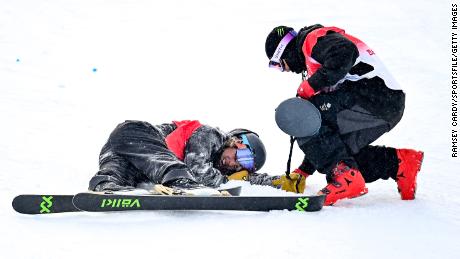 Ben Harrington of New Zealand is checked by Gus Kenworthy of Great Britain, right, during the men's literal half-pipe qualification event on day 13 of the Beijing 2022 Winter Olympics at Genting Snow Park in Zhangjiakou, China's Genting Snow Park on February 17, 2022 in Zhangjiakou, China.