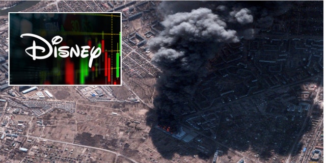 Satellite image showing a warehouse fire and destroyed fields in Chernihiv, Ukraine, February 28, 2022. Inset: Disney logo. 