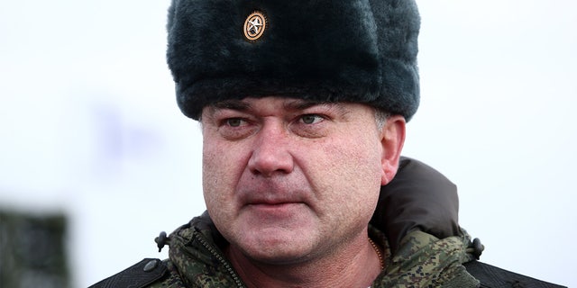 Major General Andrei Sukhovitsky, commander of the Novorossiysk Mountain Air Attack Division of the Russian Airborne Forces, takes part in a training exercise at Obock Field in Crimea, March 19, 2021.