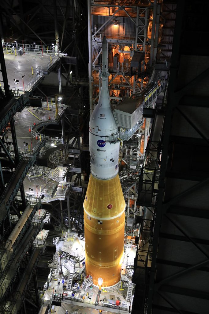 VAB Artemis I Space Launch System rocket and Orion spacecraft