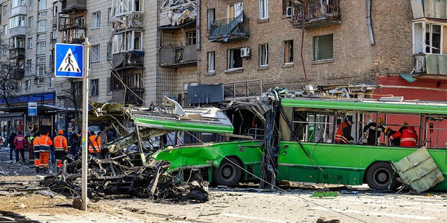 A trolleybus was damaged by a missile launch by the Russian army in Kyiv.