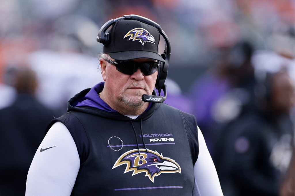 Then-Ravens defense coordinator Don Martindale watches from the sideline during a football game against the Cincinnati Bengals, Sunday, December 26, 2021, in Cincinnati.