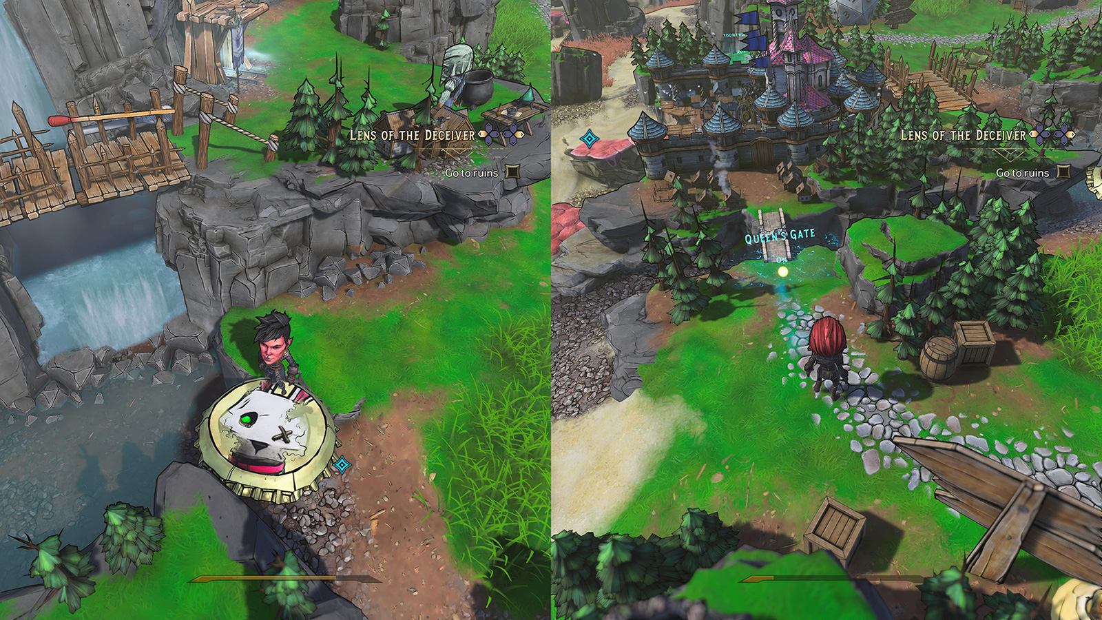 Split screen screenshot of Tiny Tina's Wonderlands overworld