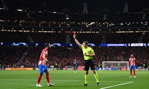 Referee Daniel Seibert awarded a red card to Felipe of Atletico Madrid.