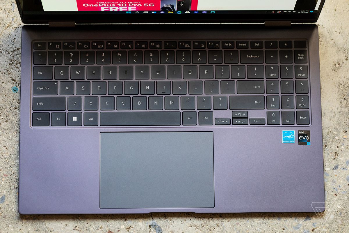 Samsung Galaxy Book2 Pro 360 (15-inch) keyboard from above.