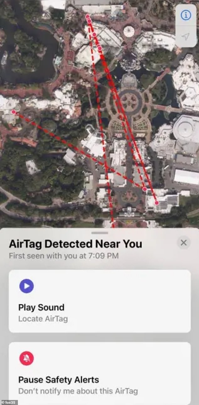 AirTag, which is not in the family, reported that it was first discovered with the pair at 7:09 p.m. before receiving a notice four hours later, at about 11:33 p.m. Pictured: Gaston's steps into the Magic Kingdom at Walt Disney World