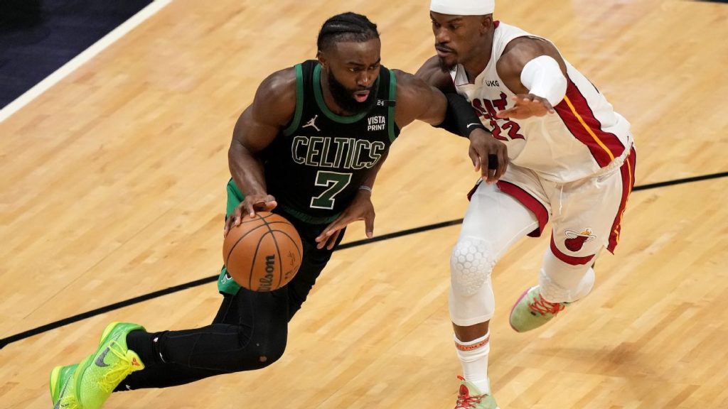 Jaylen Brown leads Celtics turnaround in the second half as Boston beat Miami Heat to brink of qualifying for the NBA Finals