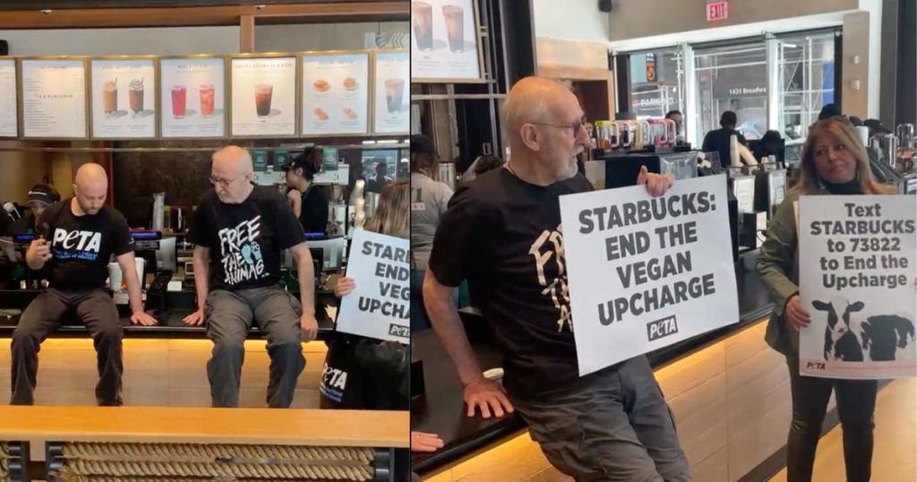 "Succession" actor James Cromwell plastered himself on a Starbucks counter as part of a vegan milk protest