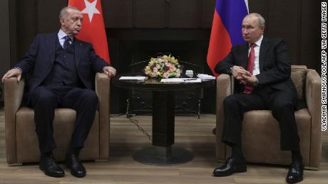 Russian President Vladimir Putin meets his Turkish counterpart Recep Tayyip Erdogan in Sochi on September 29, 2021. 