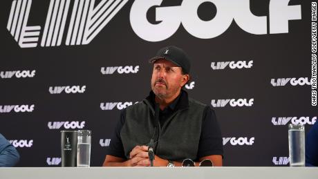 Mickelson takes a look during a press conference at the Centurion Club.